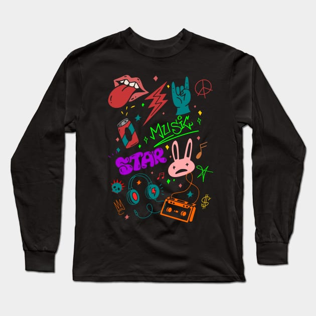 Rock n roll Graffiti skull neon doodle Long Sleeve T-Shirt by SpaceWiz95